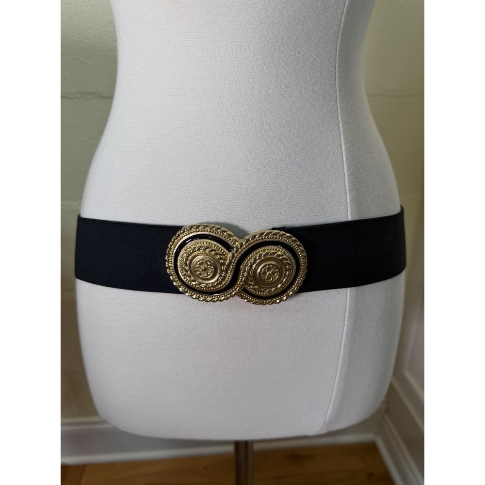 Vintage Day-Lor Stretch Belt Black Elastic Gold Tone Double Swirl Buckle Size‎ 2